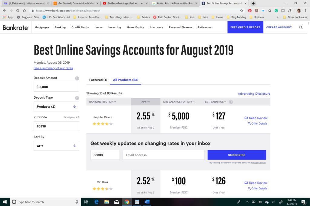 high yield savings account rates screenshot from bankrate